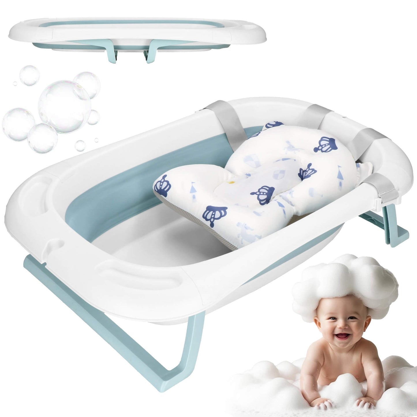 Kūdikio vonelė SB0063, sulankstoma, 35 L, su termometru ir pagalve, balta-mėlyna