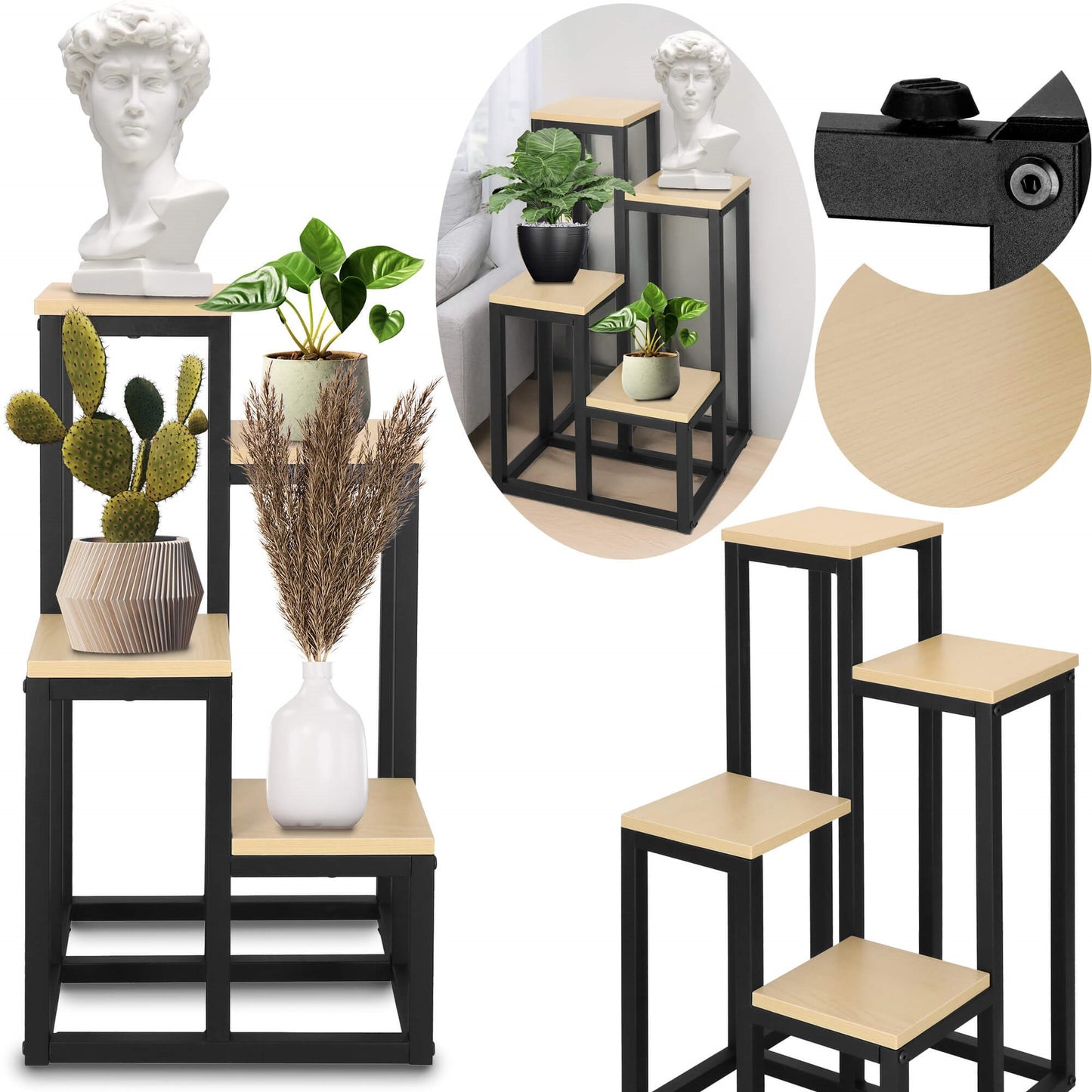 Metalinis gėlių stovas su 4 lentynomis GA0206, 67,5 cm, loft stiliaus, juoda/šviesiai ruda