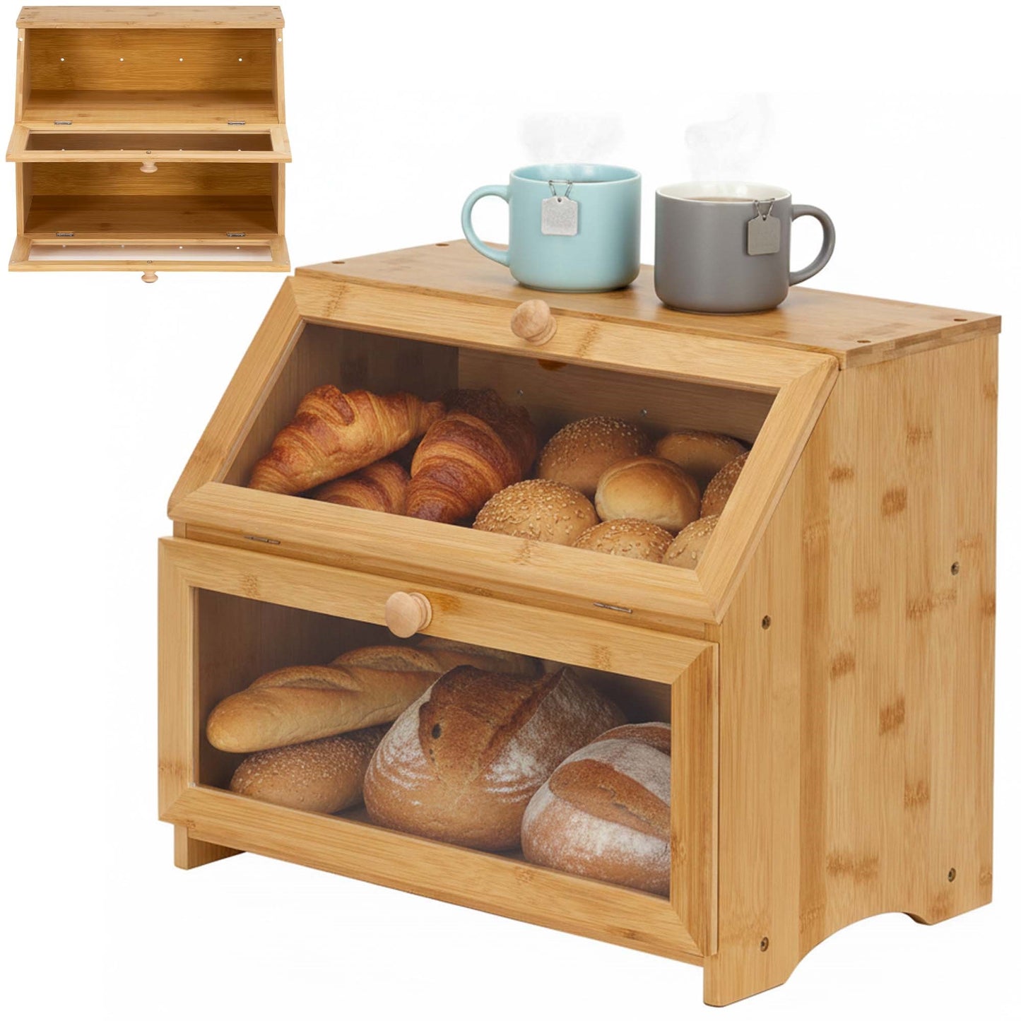 Dviejų lygių duoninė, uždara, duonos konteineris, bambukas