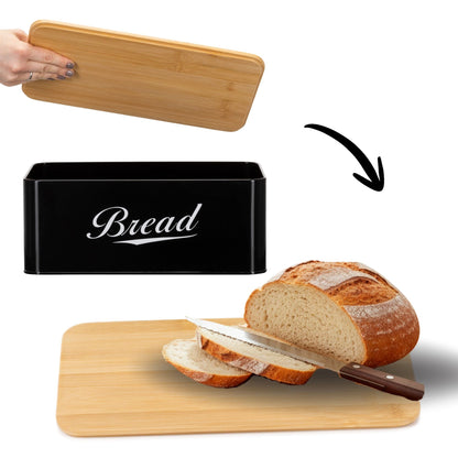 Metalinė duoninė 33x18x14 cm, uždara duoninė, bambuko lenta, juoda