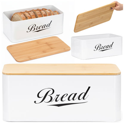 Metalinė duoninė 33x18x14 cm, uždara duoninė, bambuko lenta, balta