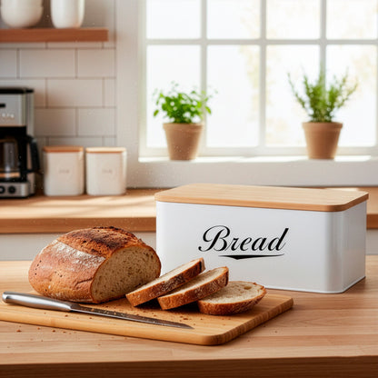 Metalinė duoninė 33x18x14 cm, uždara duoninė, bambuko lenta, balta