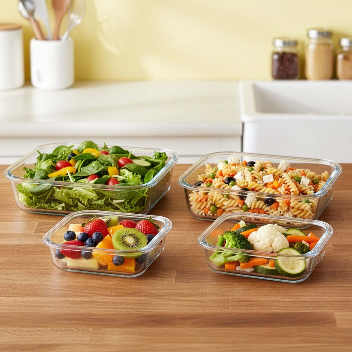 Maisto laikymo indeliai, virtuviniai, su dangčiais, 4 vnt., stikliniai, skaidrūs