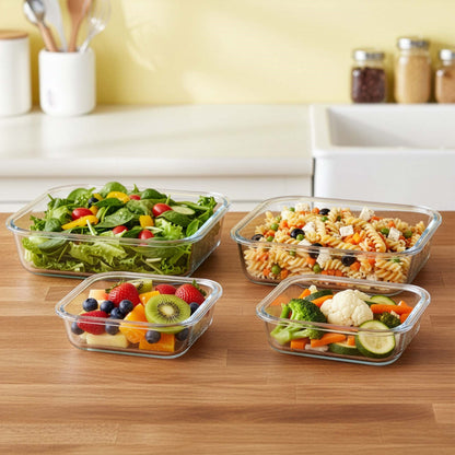 Maisto laikymo indeliai, virtuviniai, su dangčiais, 4 vnt., stikliniai, skaidrūs