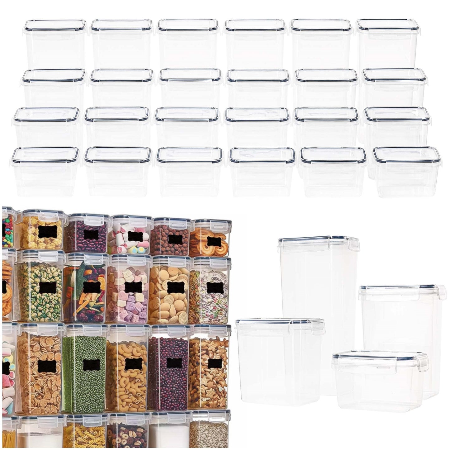 Indeliai, virtuvės organizatoriai maistui, 24 vnt. rinkinys su lipdukais, skaidrūs