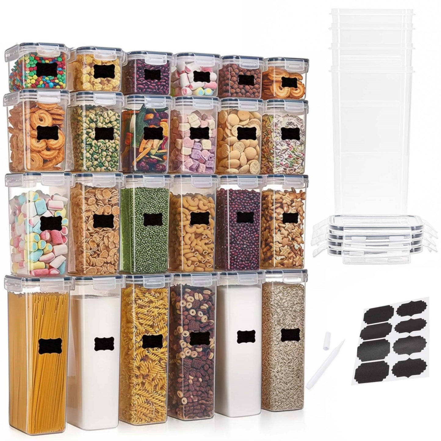 Indeliai, virtuvės organizatoriai maistui, 24 vnt. rinkinys su lipdukais, skaidrūs