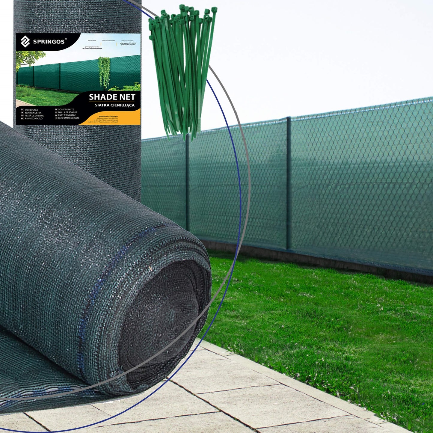 Apsauginis tinklas Springos SN0021 65 g/m2 1,5x50m 200 Kabelių raiščiai,  žalia