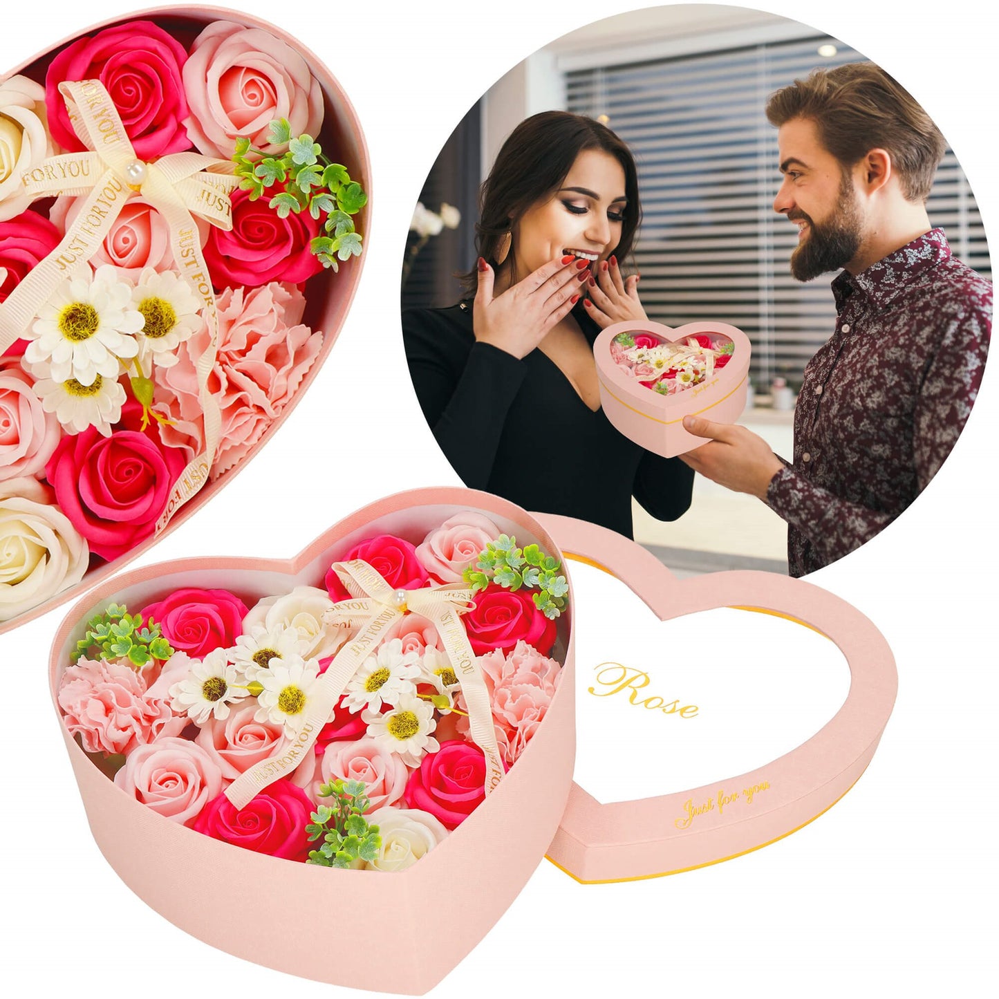 Muilo rožės   SV7444 24 vnt gėlių dėžutės gėlių rinkinys širdelės dėžutėje rožinė