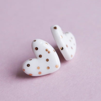 Dotted Porcelain Heart Studs - White