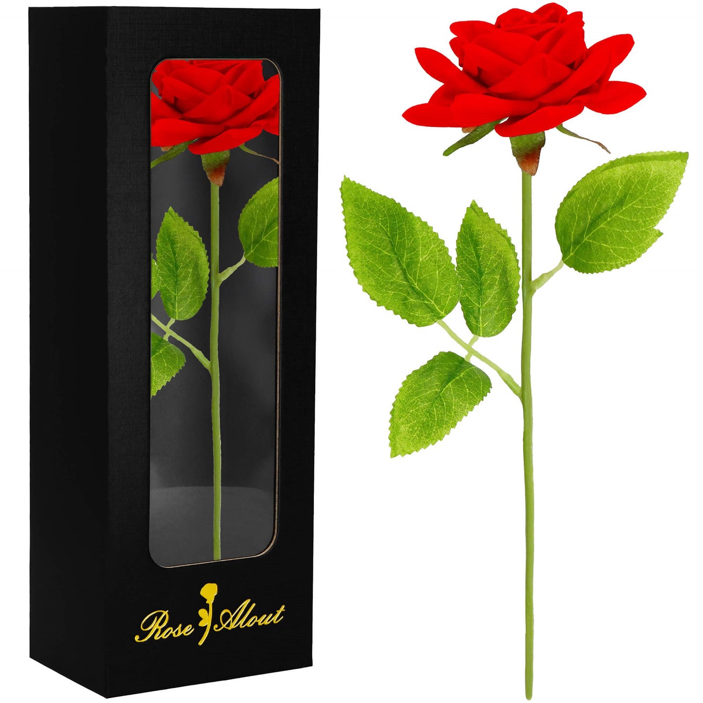 Rožė ant stiebo dovanų dėžutėje su magnetiniu užsegimu – juoda / raudona / žalia HA7449