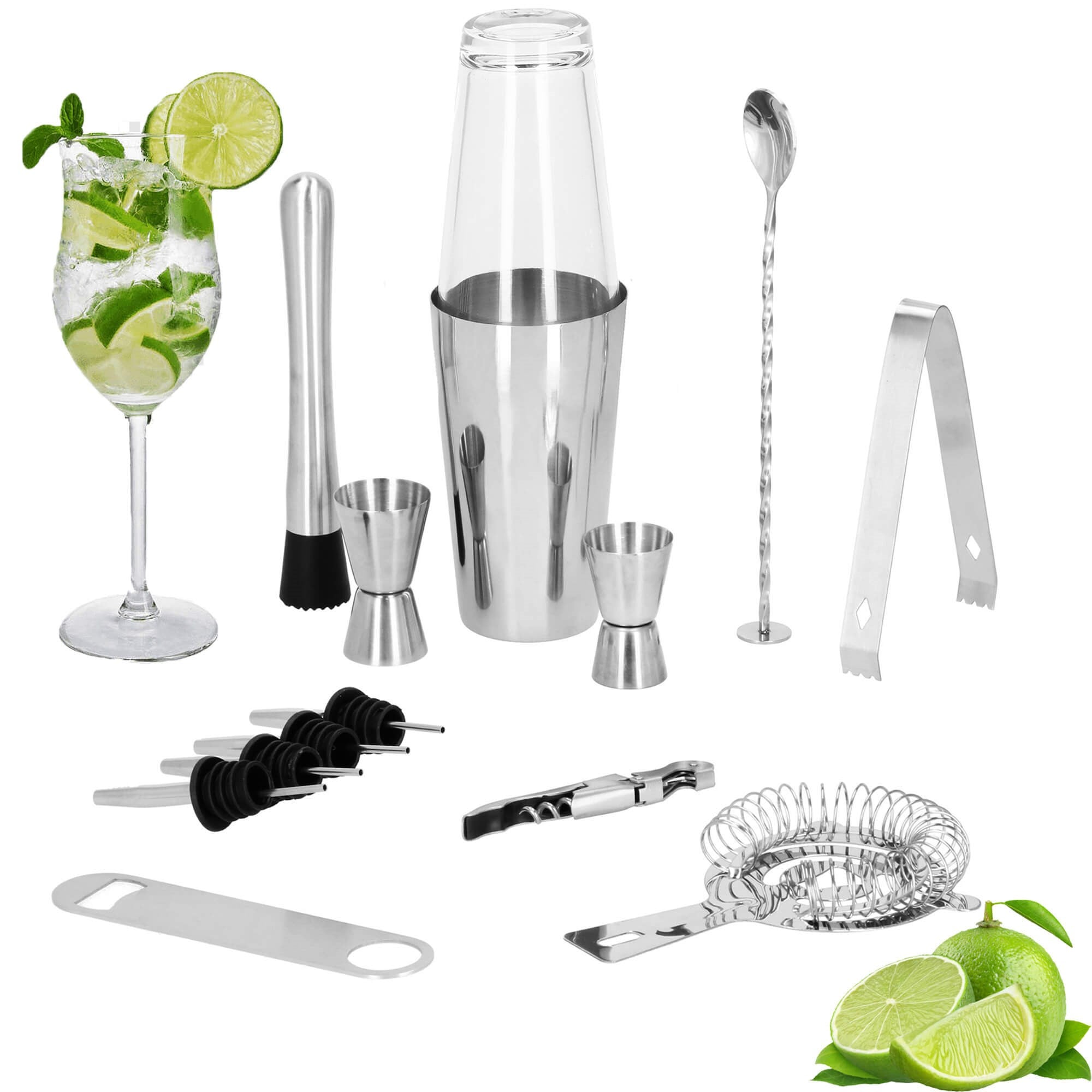 Barmeno rinkinys Bostono plaktuvas stiklinė  KI0015 14 vnt. sidabrinis