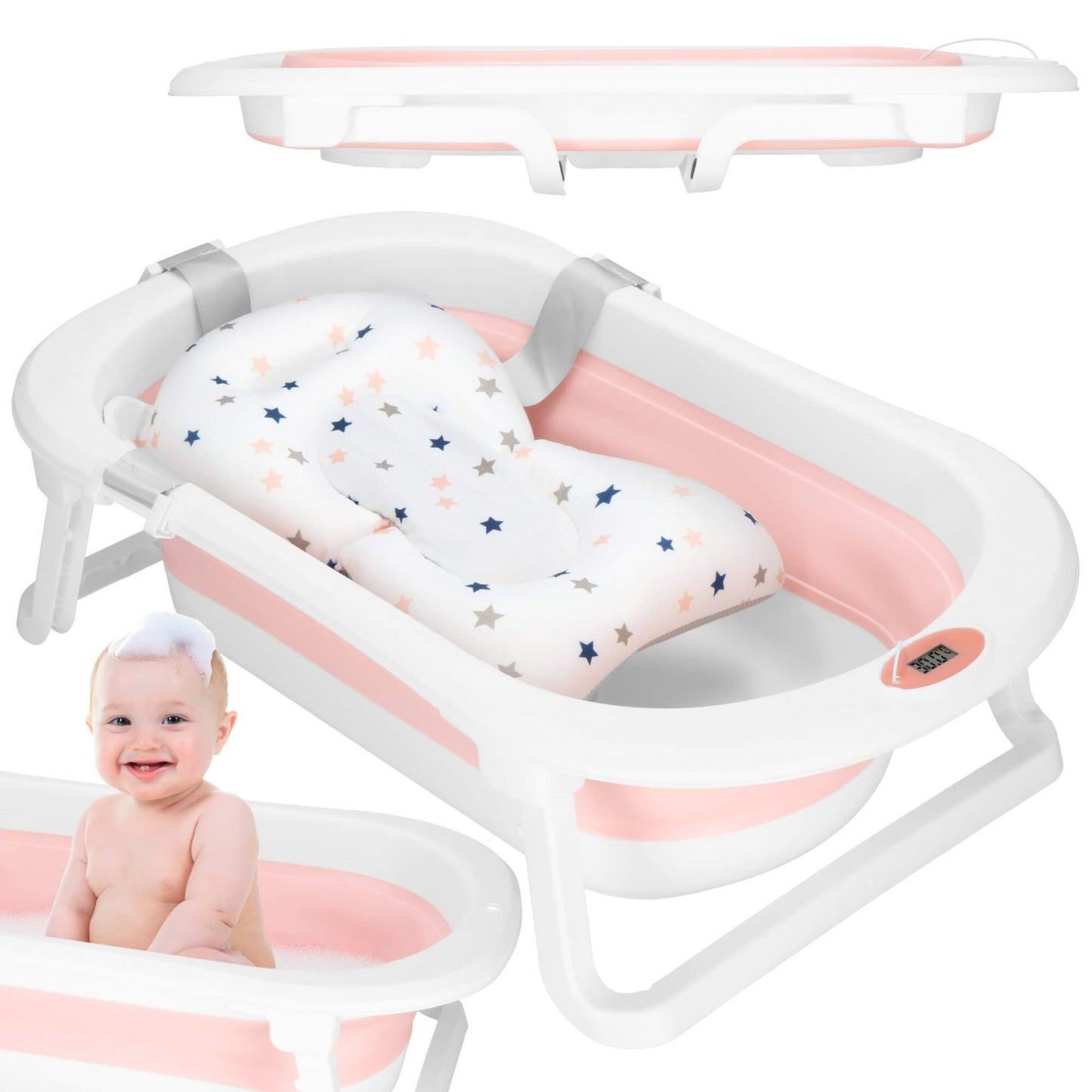 Nešiojama kūdikio vonelė SB0061 40 L balta-rožinė su kamščiu ir termometru