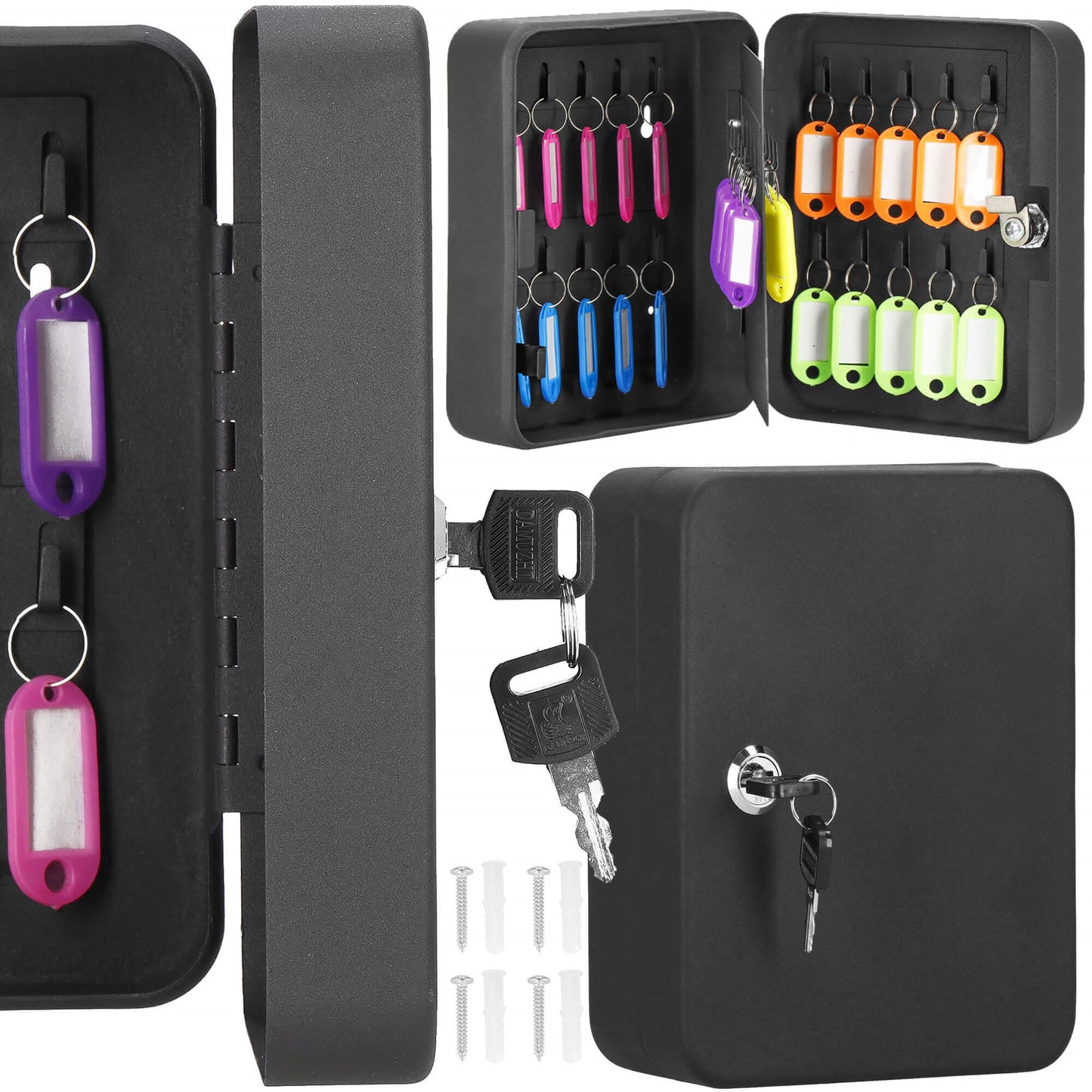 Raktų dėžutė su 30 pakabukais, metalinis seifas VS5030, juoda dėžė