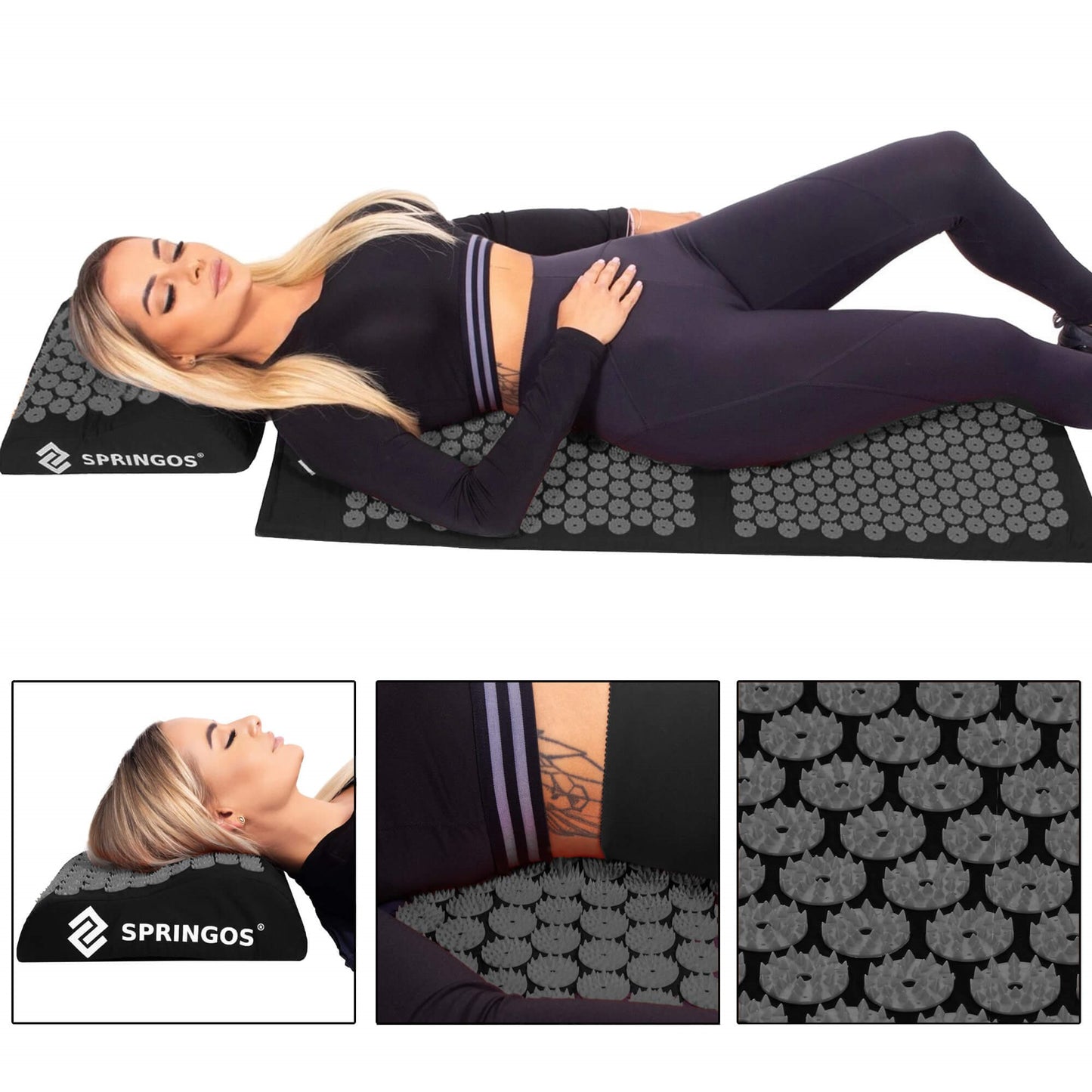 Akupresūros kilimėlis su dygliuota pagalvėle, kūno stimuliatorius, atpalaiduojantis masažuoklis,  SA0153 juoda