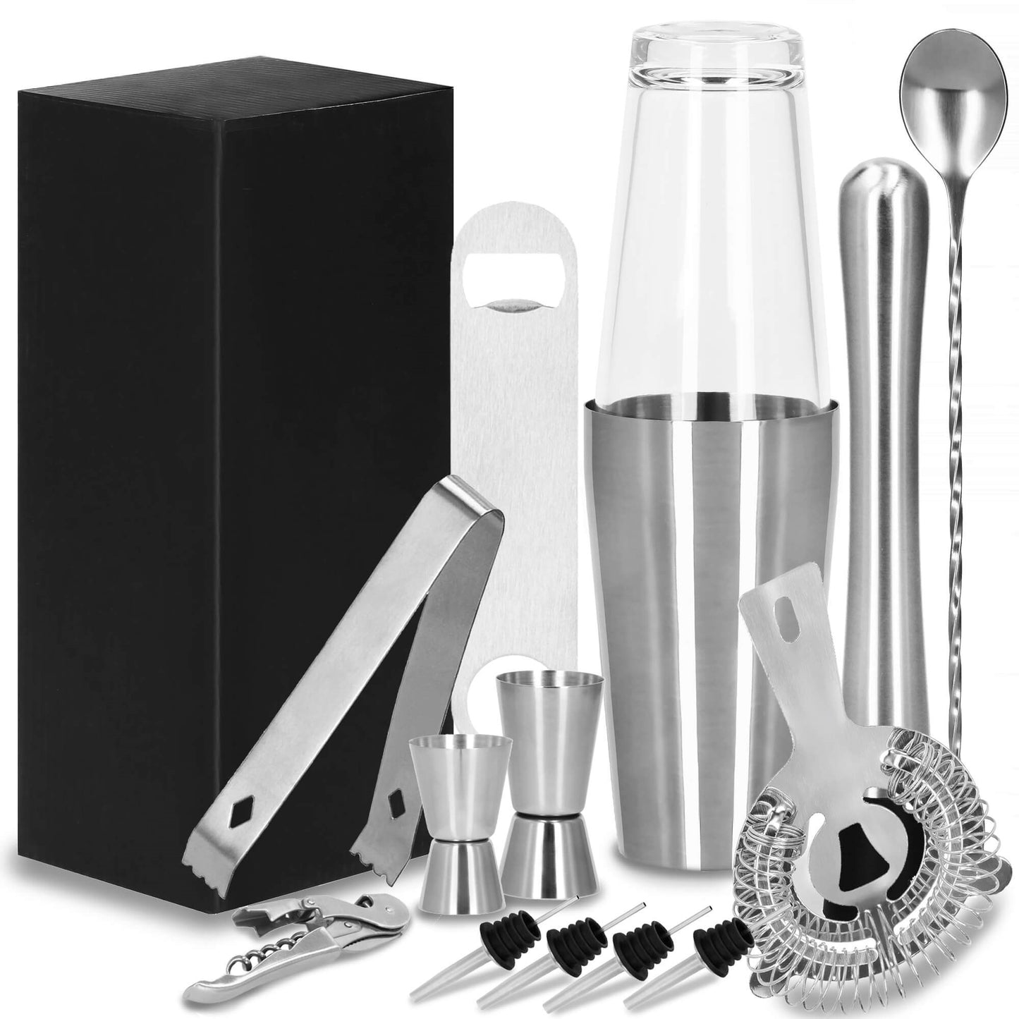 Barmeno rinkinys Bostono plaktuvas stiklinė  KI0015 14 vnt. sidabrinis