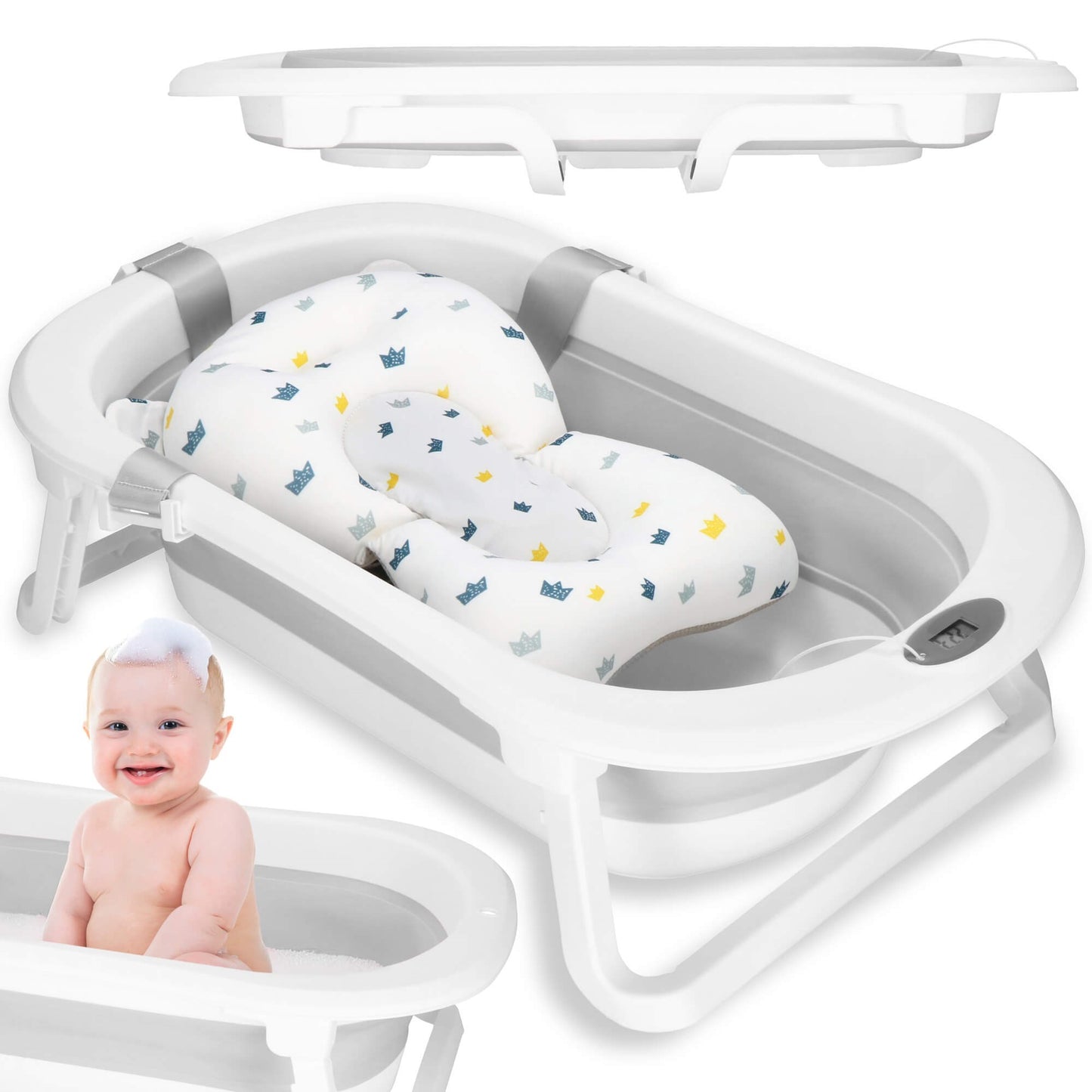 Nešiojama kūdikių vonelė SB0060 40 L balta-pilka su pagalvėle, kamščiu ir termometru