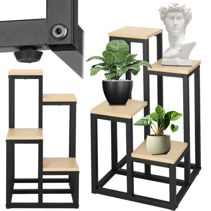 Metalinis gėlių stovas su 4 lentynomis GA0206, 67,5 cm, loft stiliaus, juoda/šviesiai ruda