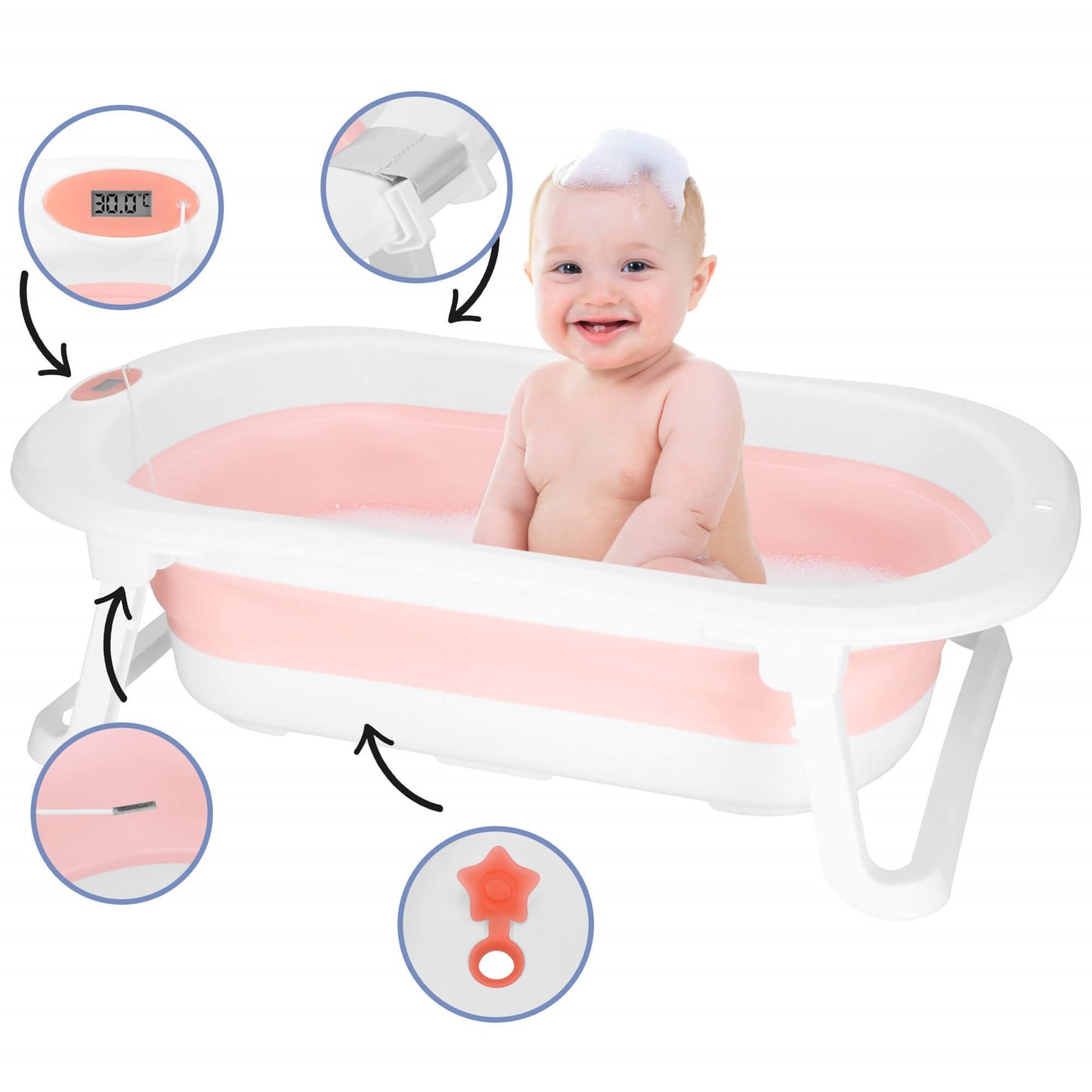 Nešiojama kūdikio vonelė SB0061 40 L balta-rožinė su kamščiu ir termometru