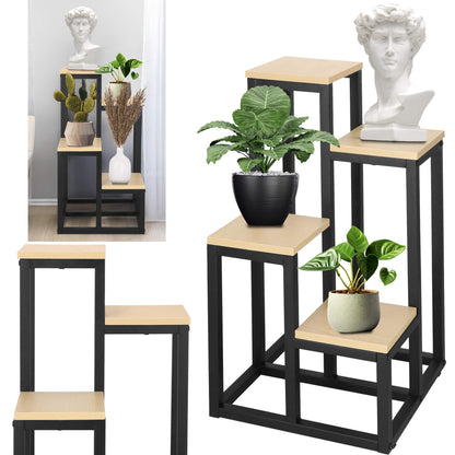 Metalinis gėlių stovas su 4 lentynomis GA0206, 67,5 cm, loft stiliaus, juoda/šviesiai ruda