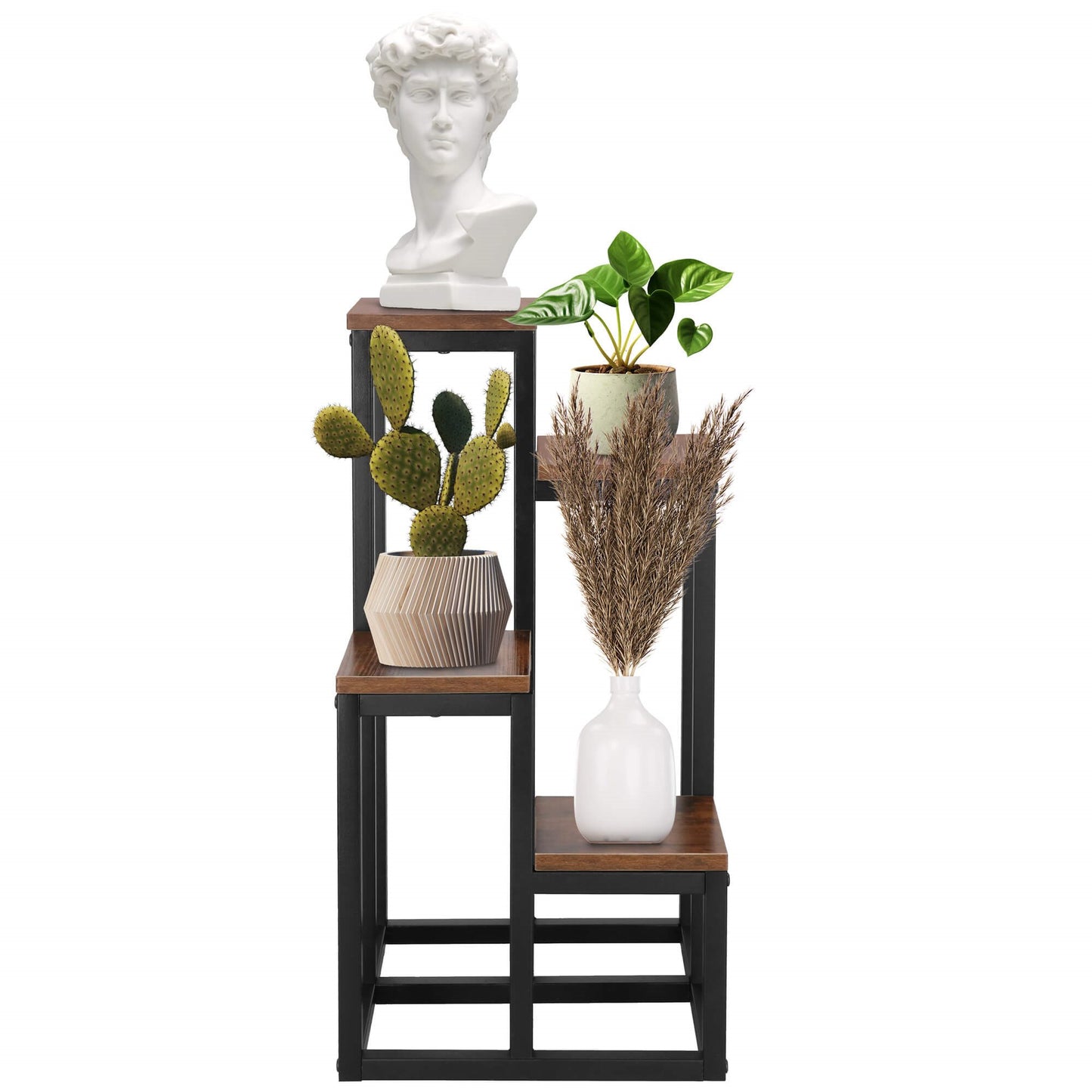 Metalinis gėlių stovas  GA0209 67,5 cm gėlių stovas su 4 lentynomis palėpėje juodos ir rudos spalvos