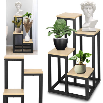 Metalinis gėlių stovas su 4 lentynomis GA0206, 67,5 cm, loft stiliaus, juoda/šviesiai ruda