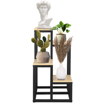 Metalinis gėlių stovas su 4 lentynomis GA0206, 67,5 cm, loft stiliaus, juoda/šviesiai ruda