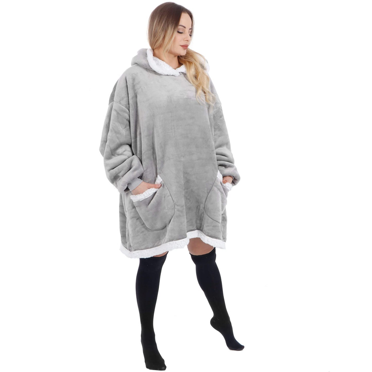 Hoodie Blanket – šiltas megztinis–pledas XXL, pilka/balta v2