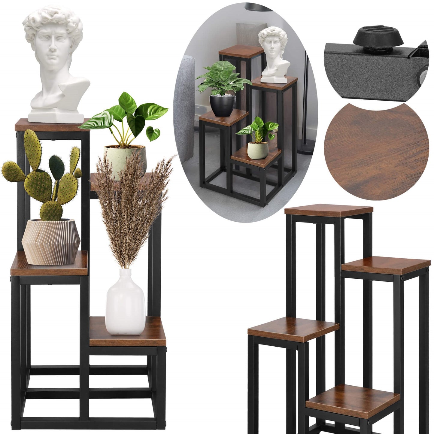 Metalinis gėlių stovas  GA0209 67,5 cm gėlių stovas su 4 lentynomis palėpėje juodos ir rudos spalvos