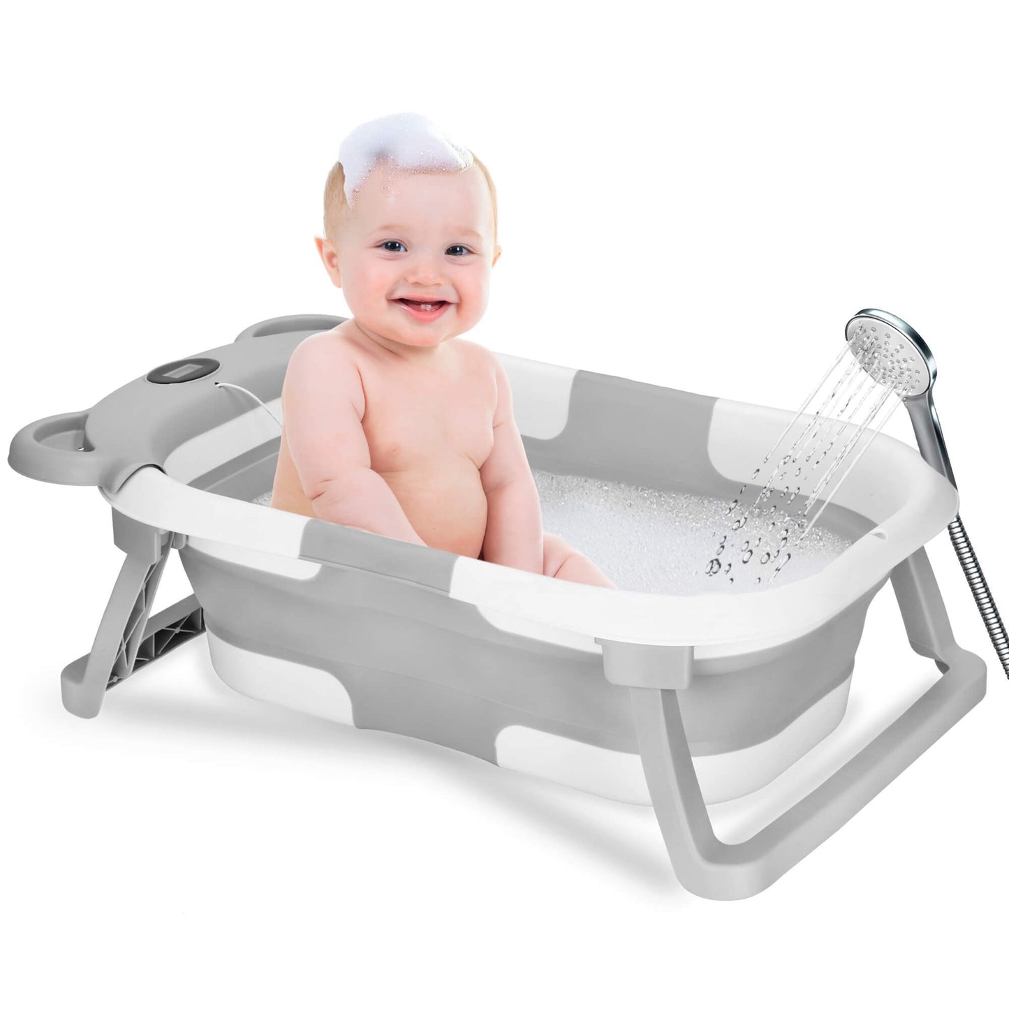 Kūdikio vonelė SB0062, silikoninė, su kamščiu ir termometru, 27,5 L, nešiojama, balta-pilka