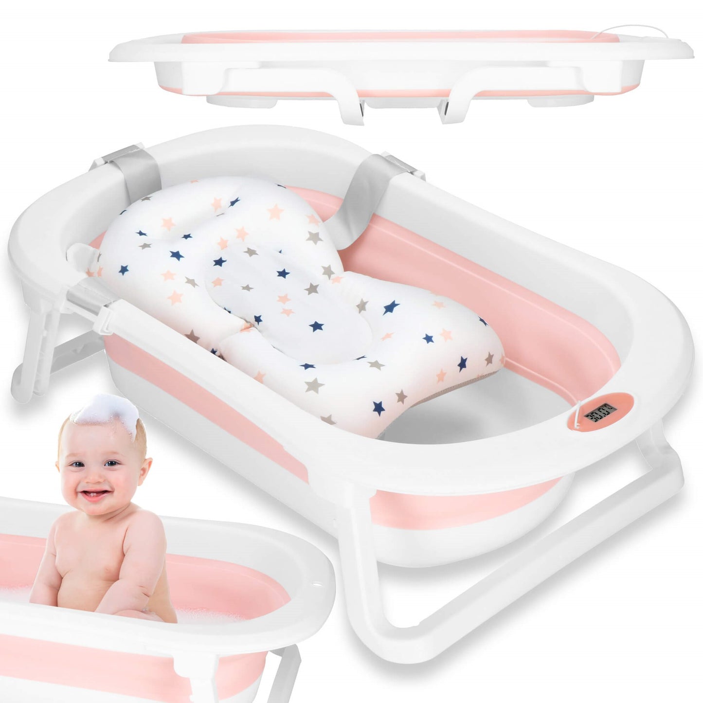 Nešiojama kūdikio vonelė SB0061 40 L balta-rožinė su kamščiu ir termometru