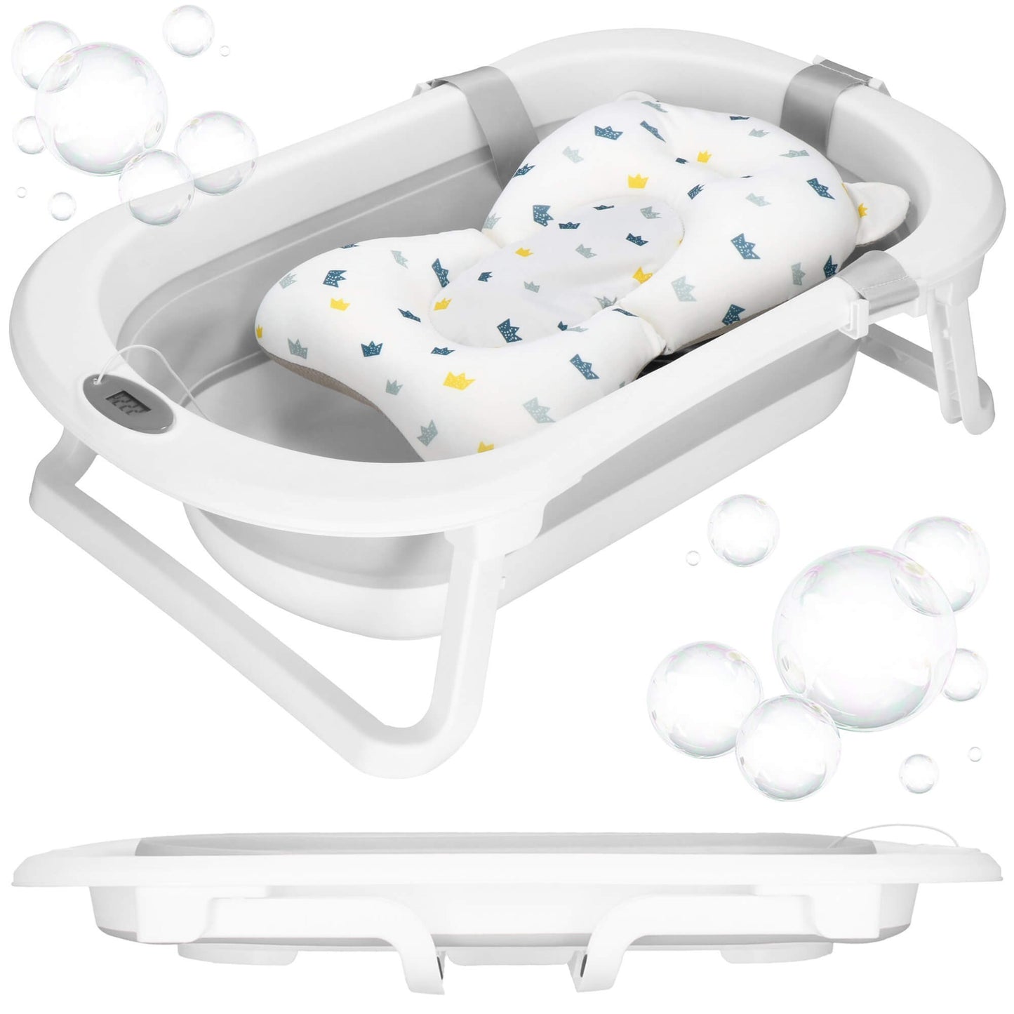 Nešiojama kūdikių vonelė SB0060 40 L balta-pilka su pagalvėle, kamščiu ir termometru