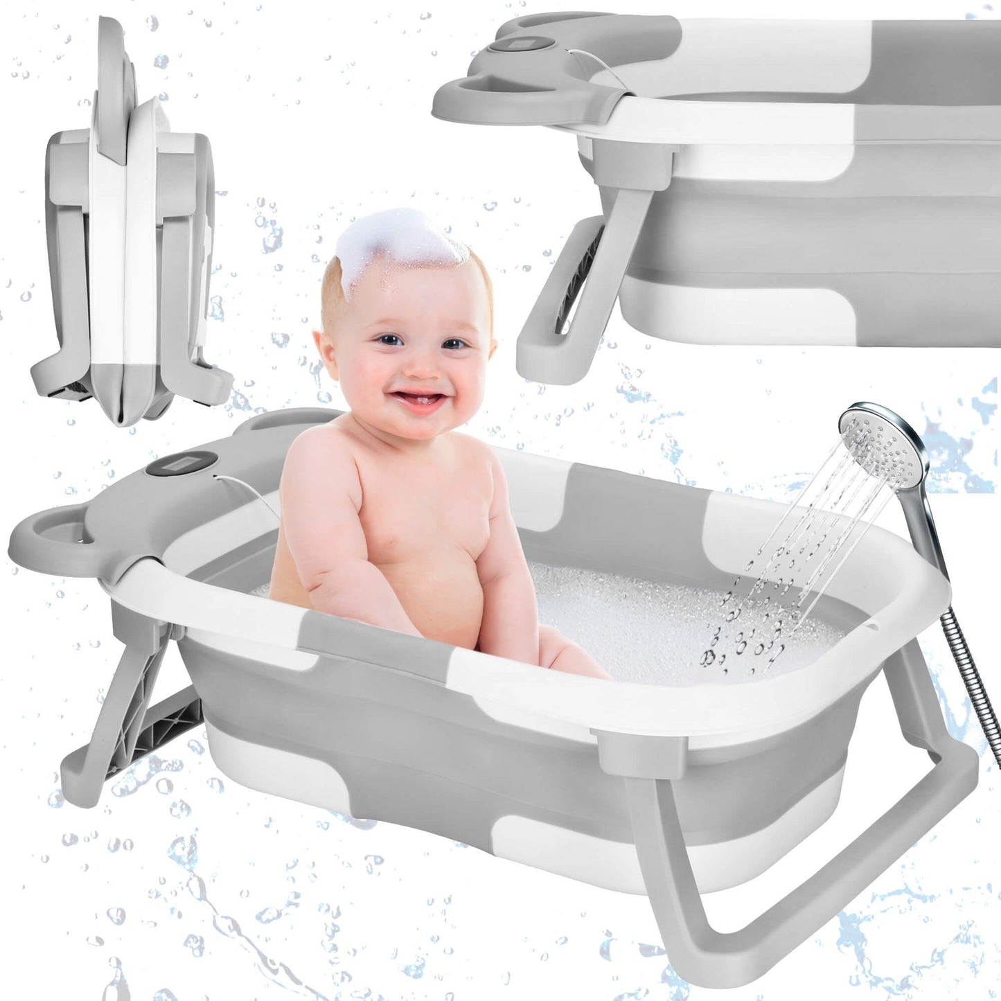 Kūdikio vonelė SB0062, silikoninė, su kamščiu ir termometru, 27,5 L, nešiojama, balta-pilka