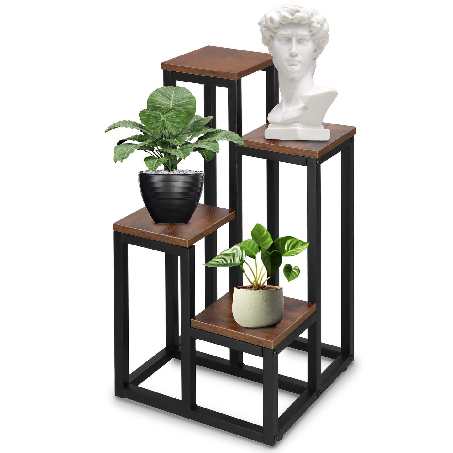 Metalinis gėlių stovas  GA0209 67,5 cm gėlių stovas su 4 lentynomis palėpėje juodos ir rudos spalvos