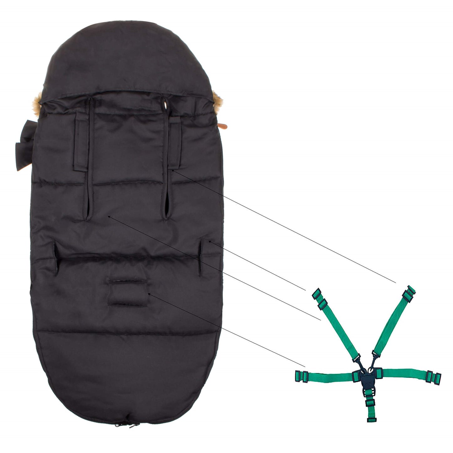 Vaikiškas miegmaišis SB0003, 4-in-1, vežimėliui, rogutėms ir lopšiui, juodas