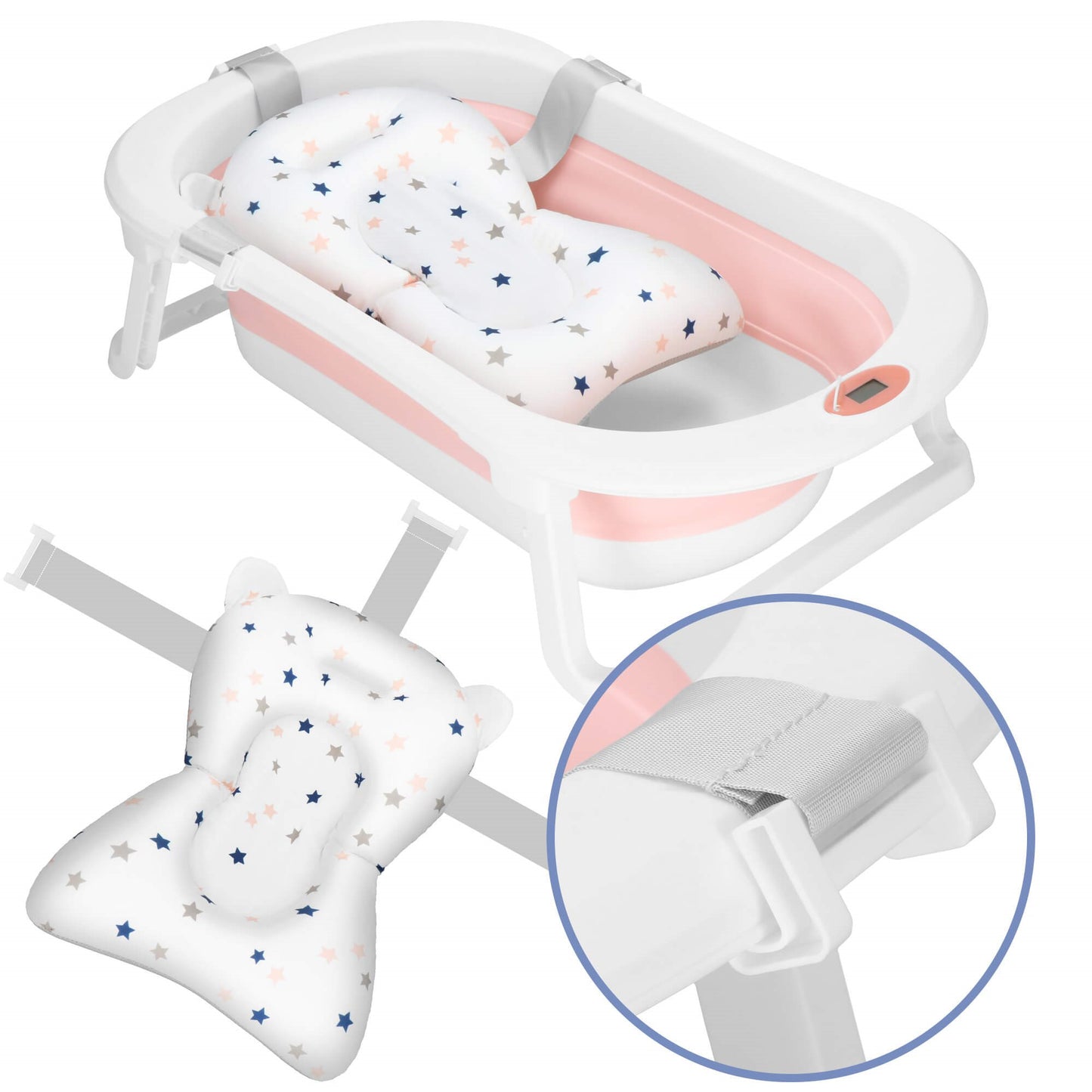Nešiojama kūdikio vonelė SB0061 40 L balta-rožinė su kamščiu ir termometru