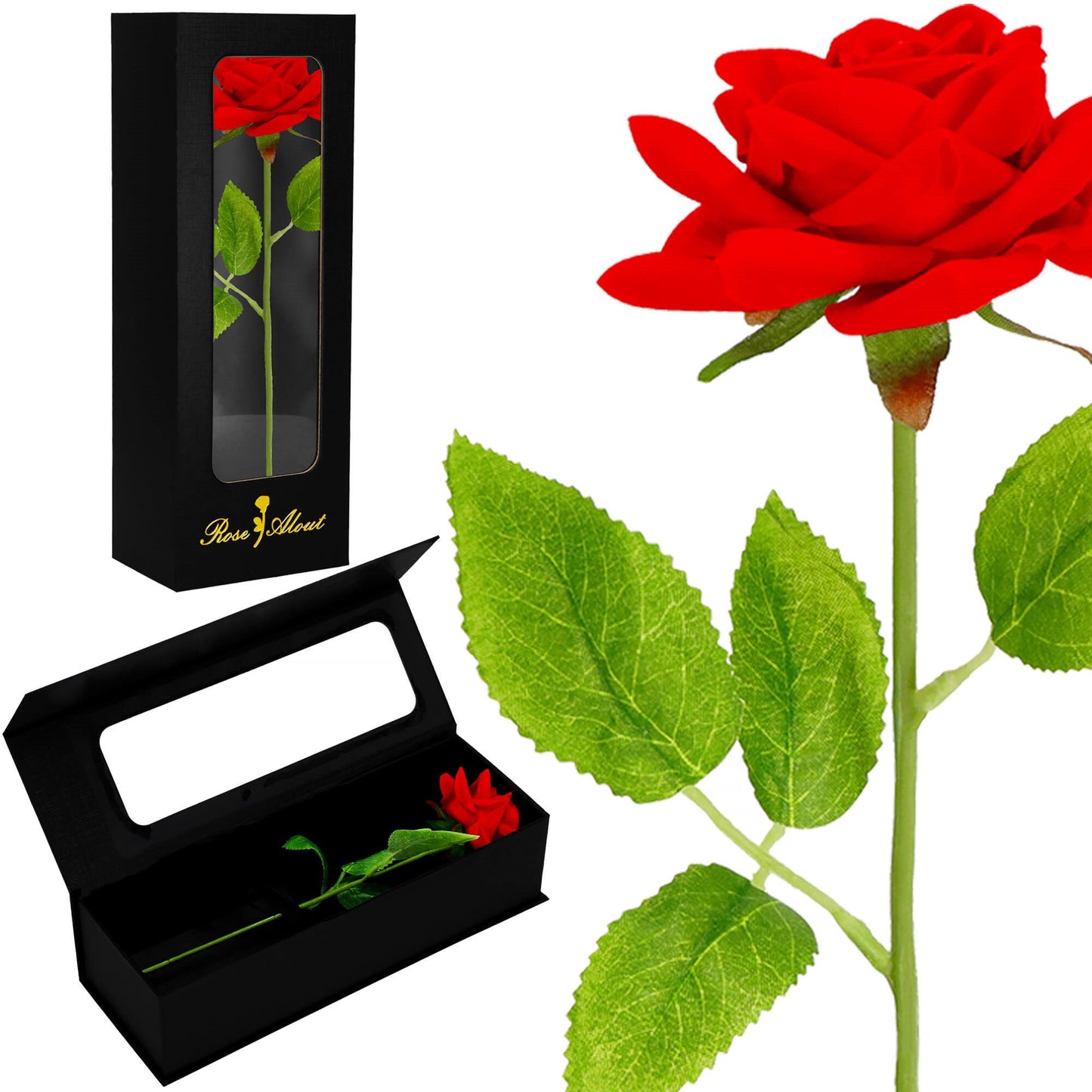 Rožė ant stiebo dovanų dėžutėje su magnetiniu užsegimu – juoda / raudona / žalia HA7449