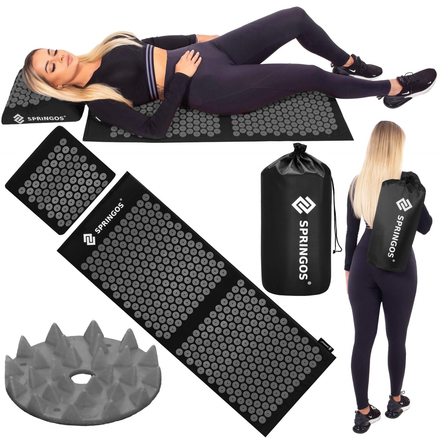 Akupresūros kilimėlis su dygliuota pagalvėle, kūno stimuliatorius, atpalaiduojantis masažuoklis,  SA0153 juoda