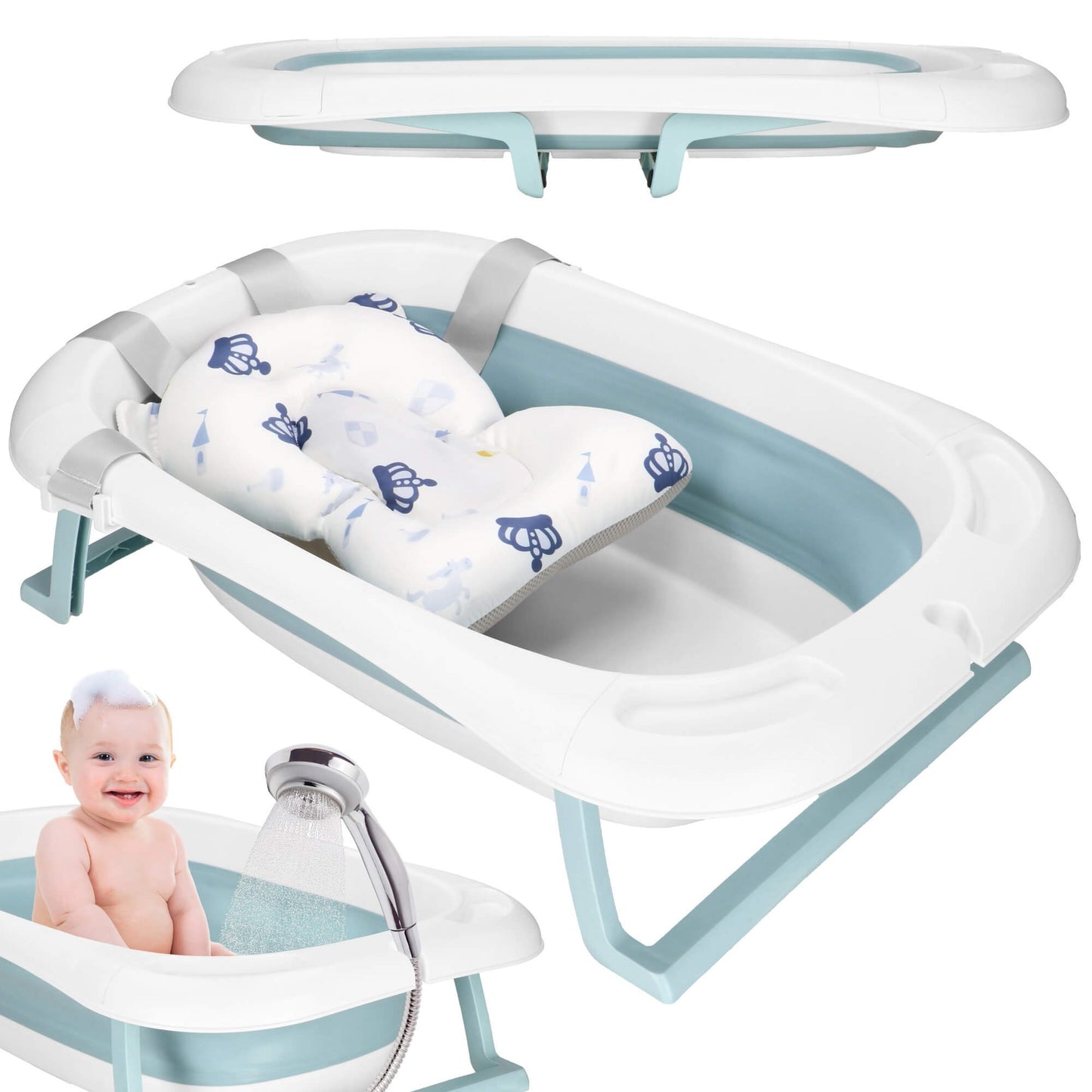 Kūdikio vonelė  SB0063, sulankstoma, 35 L, su termometru ir pagalve, balta-mėlyna