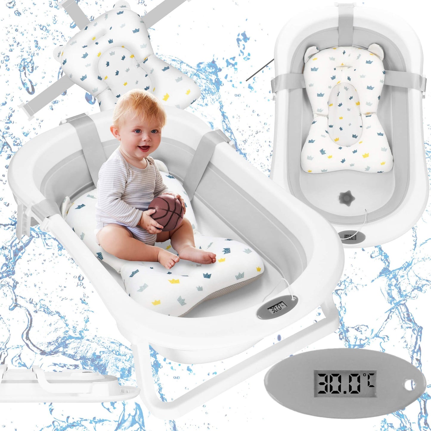 Nešiojama kūdikių vonelė SB0060 40 L balta-pilka su pagalvėle, kamščiu ir termometru