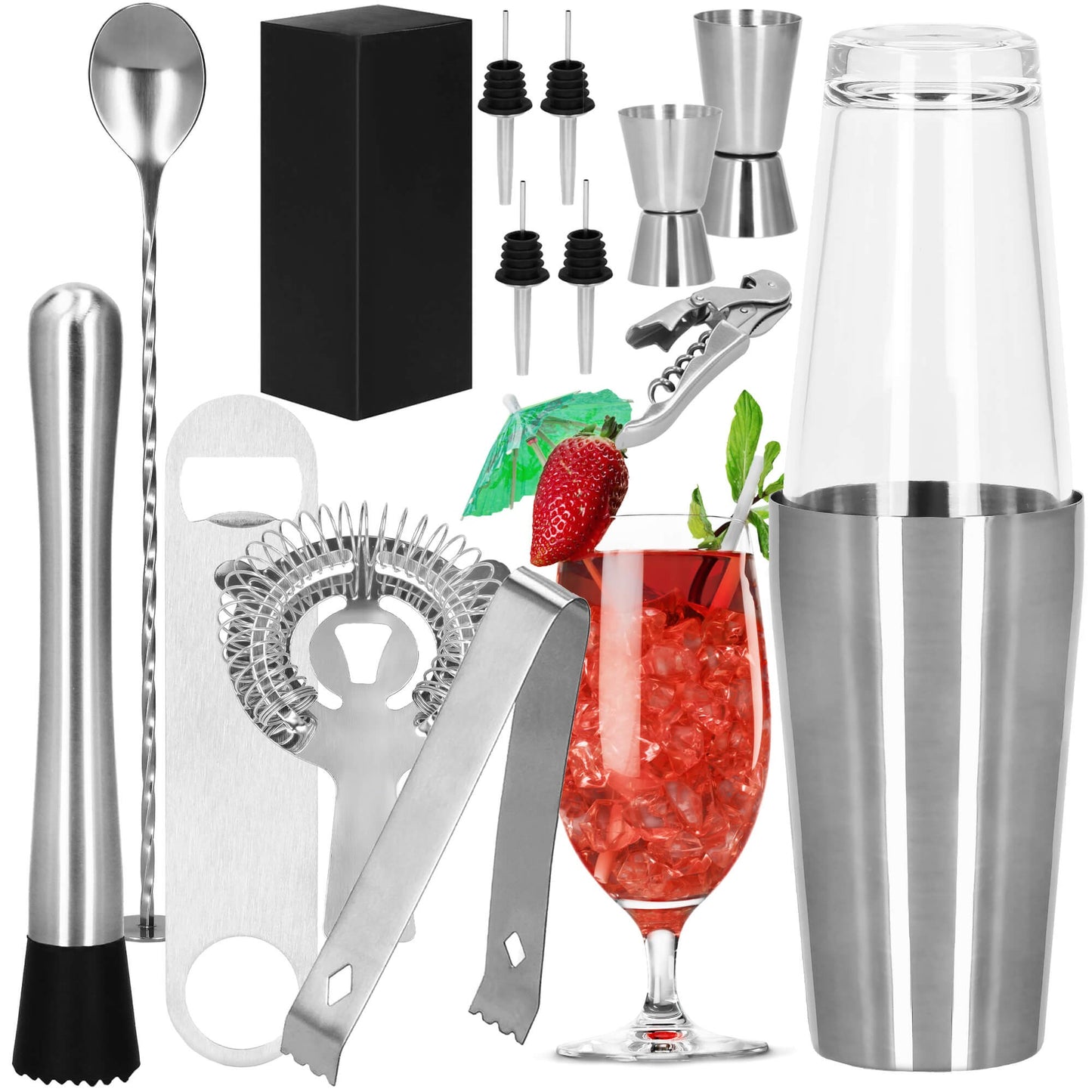 Barmeno rinkinys Bostono plaktuvas stiklinė  KI0015 14 vnt. sidabrinis