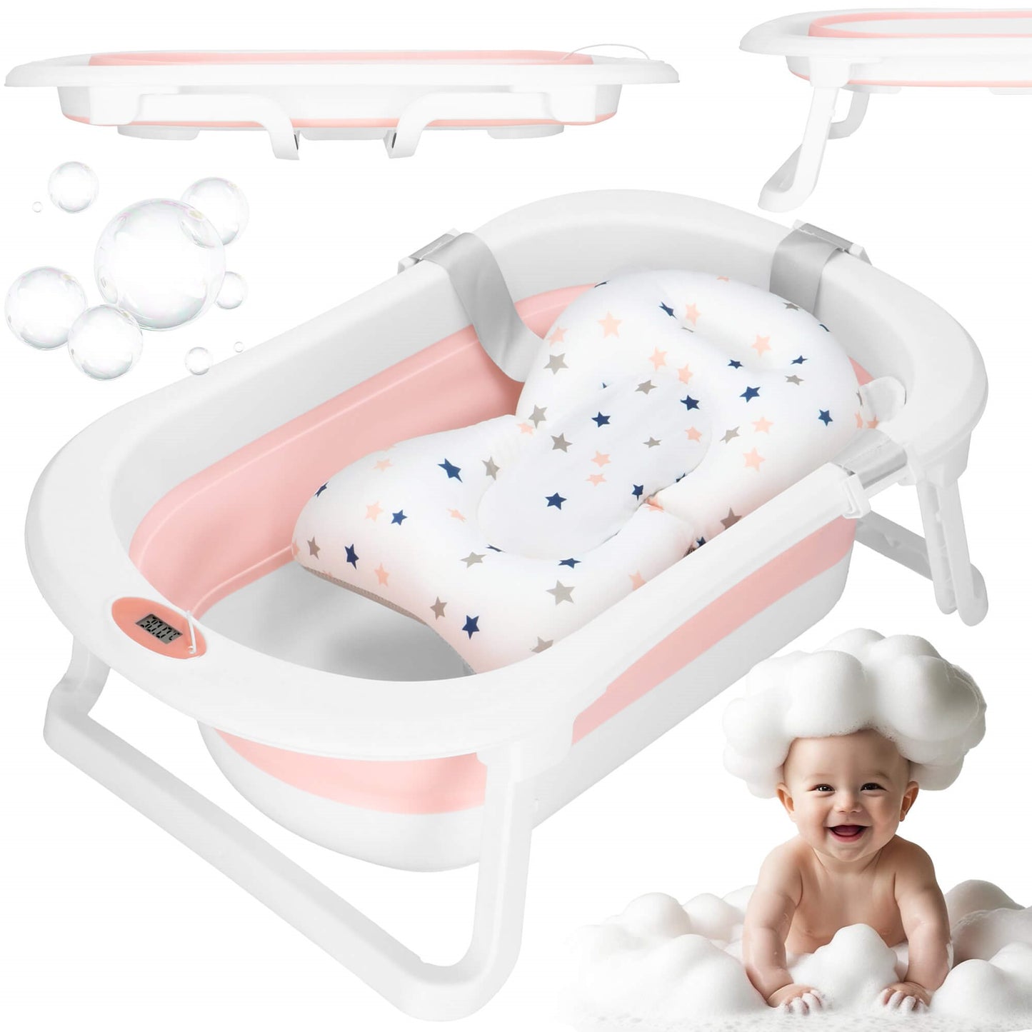 Nešiojama kūdikio vonelė SB0061 40 L balta-rožinė su kamščiu ir termometru