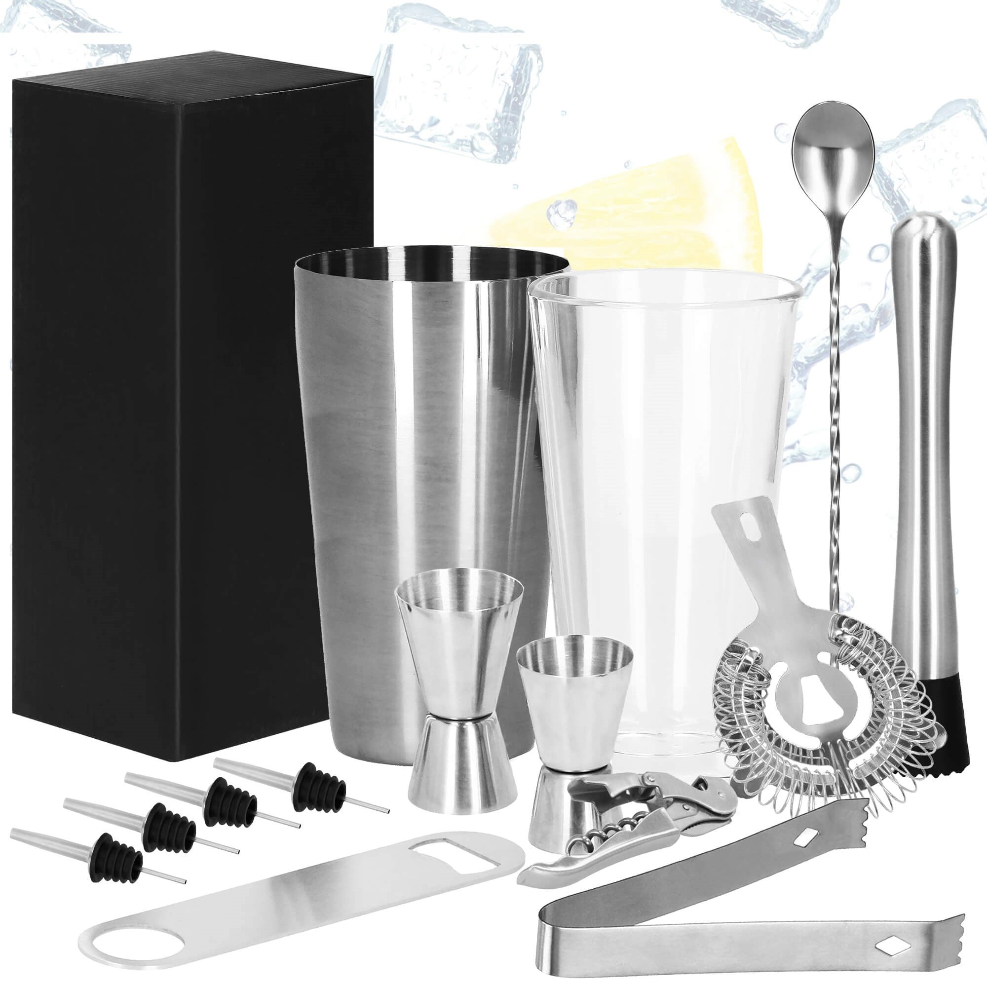 Barmeno rinkinys Bostono plaktuvas stiklinė  KI0015 14 vnt. sidabrinis