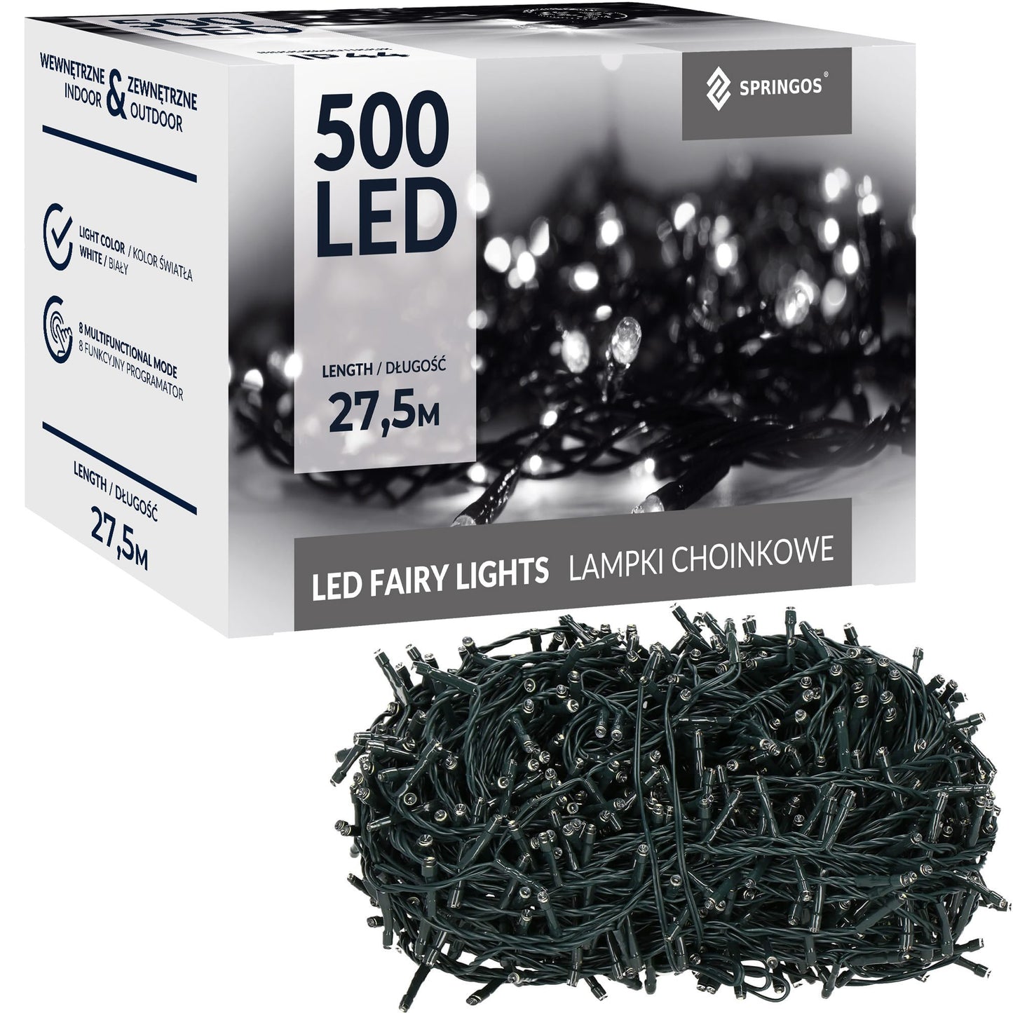 Kalėdinės lemputės CL0543, 500 LED, šaltai balta + šaltai balta blyksniai, 27,5 m