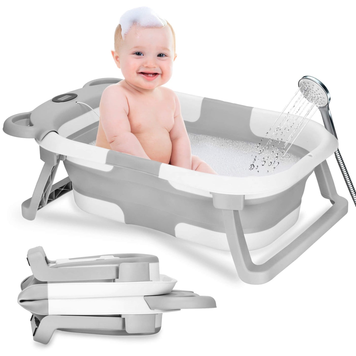 Kūdikio vonelė SB0062, silikoninė, su kamščiu ir termometru, 27,5 L, nešiojama, balta-pilka