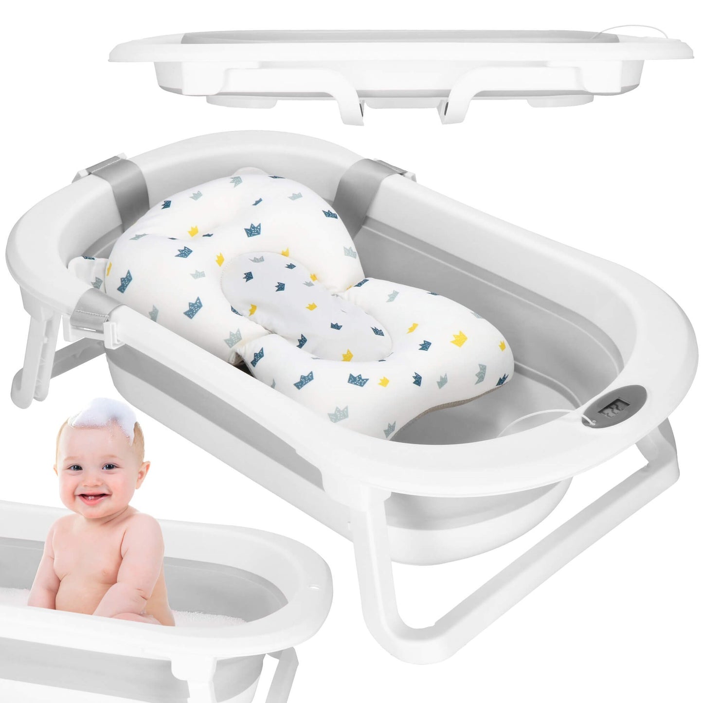 Nešiojama kūdikių vonelė SB0060 40 L balta-pilka su pagalvėle, kamščiu ir termometru