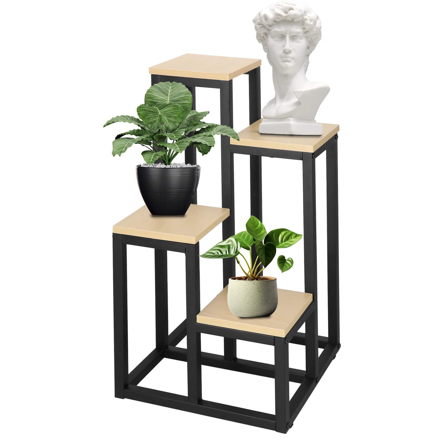 Metalinis gėlių stovas su 4 lentynomis GA0206, 67,5 cm, loft stiliaus, juoda/šviesiai ruda