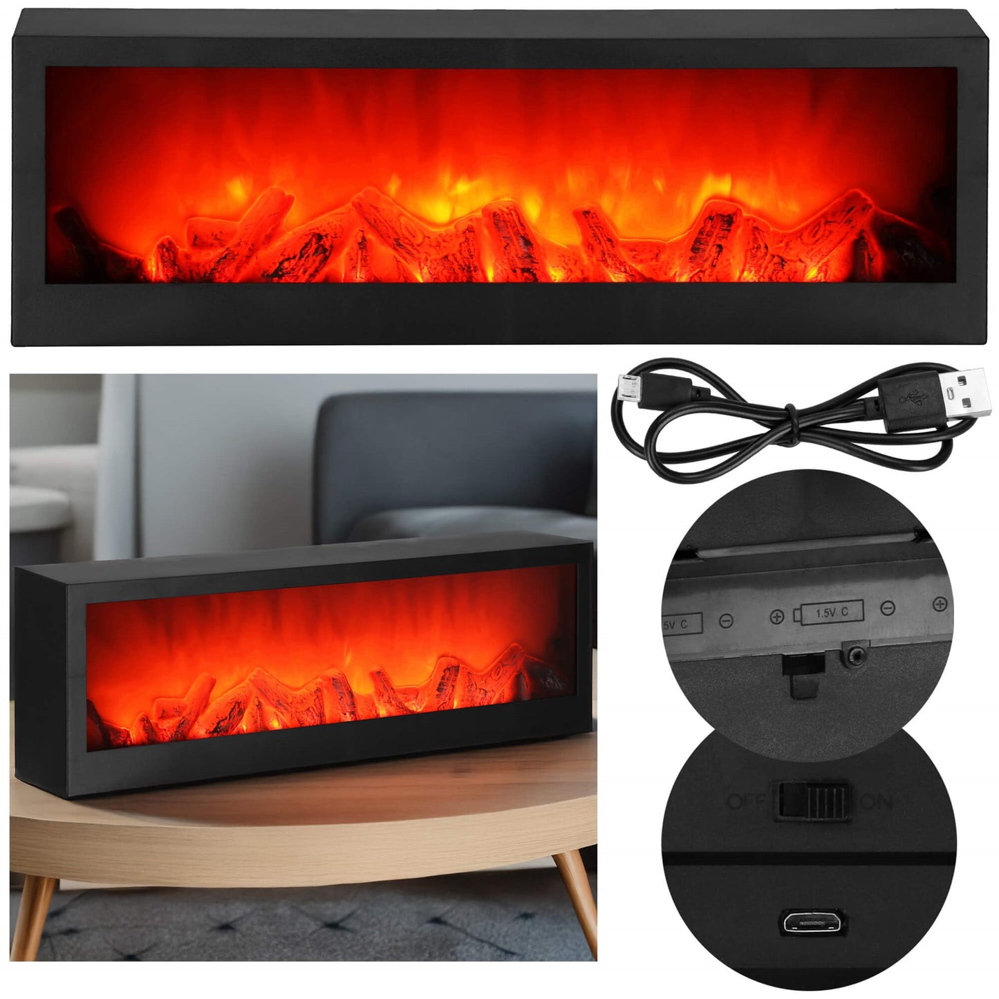 Maitinama židinio lempa CL0863, USB LED 60x10x19,5 cm, dekoratyvinis apšvietimas, juoda