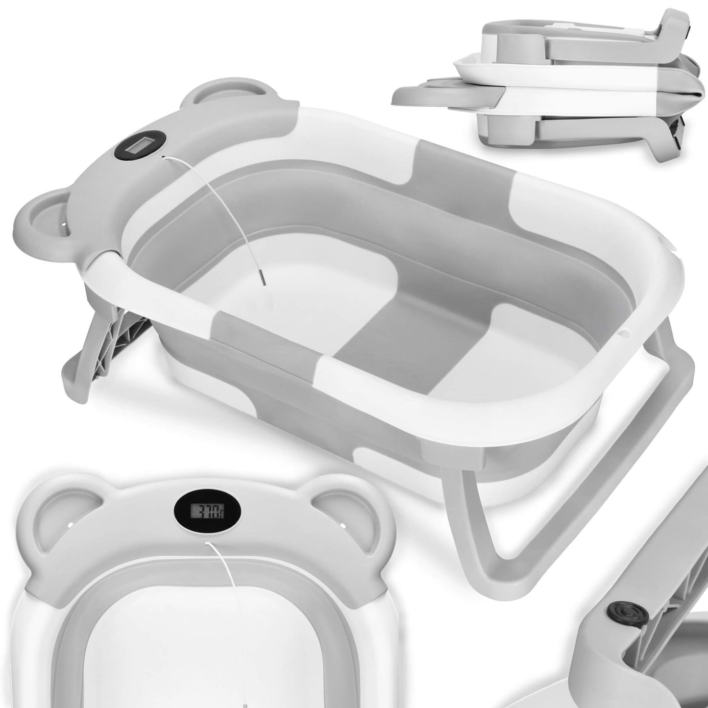Kūdikio vonelė SB0062, silikoninė, su kamščiu ir termometru, 27,5 L, nešiojama, balta-pilka