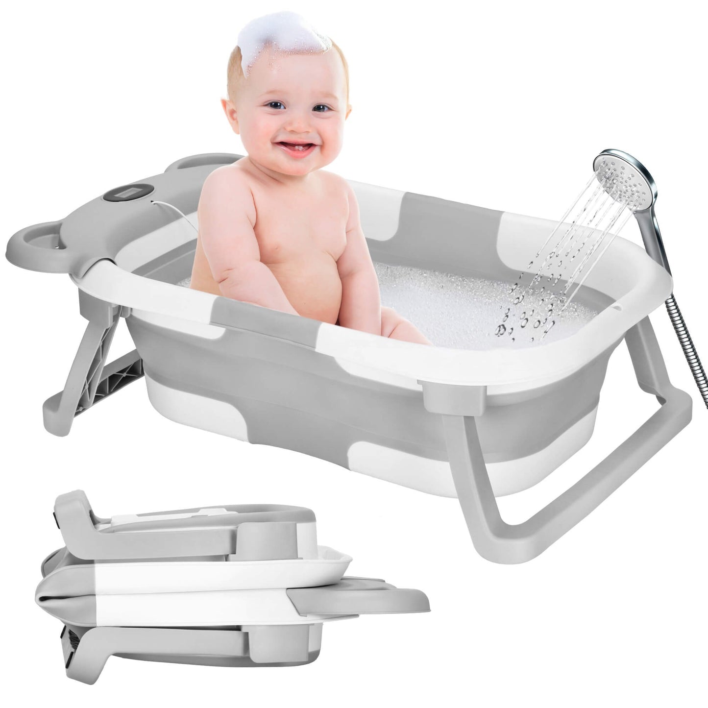 Kūdikio vonelė SB0062, silikoninė, su kamščiu ir termometru, 27,5 L, nešiojama, balta-pilka