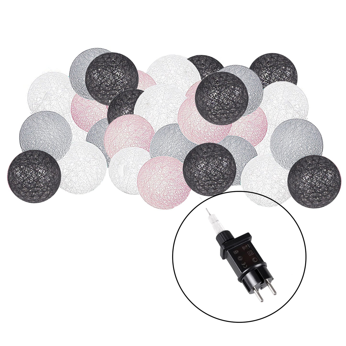 Medvilniniai burbulai CL0155, 50 LED, dekoratyvinė girlianda, grafito ir balta